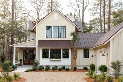 white house with brown metal roof|white houses with brown trim.